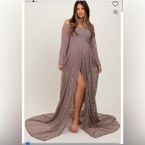 Mocha Lace Off Shoulder Maternity Photoshoot Gown/Dress